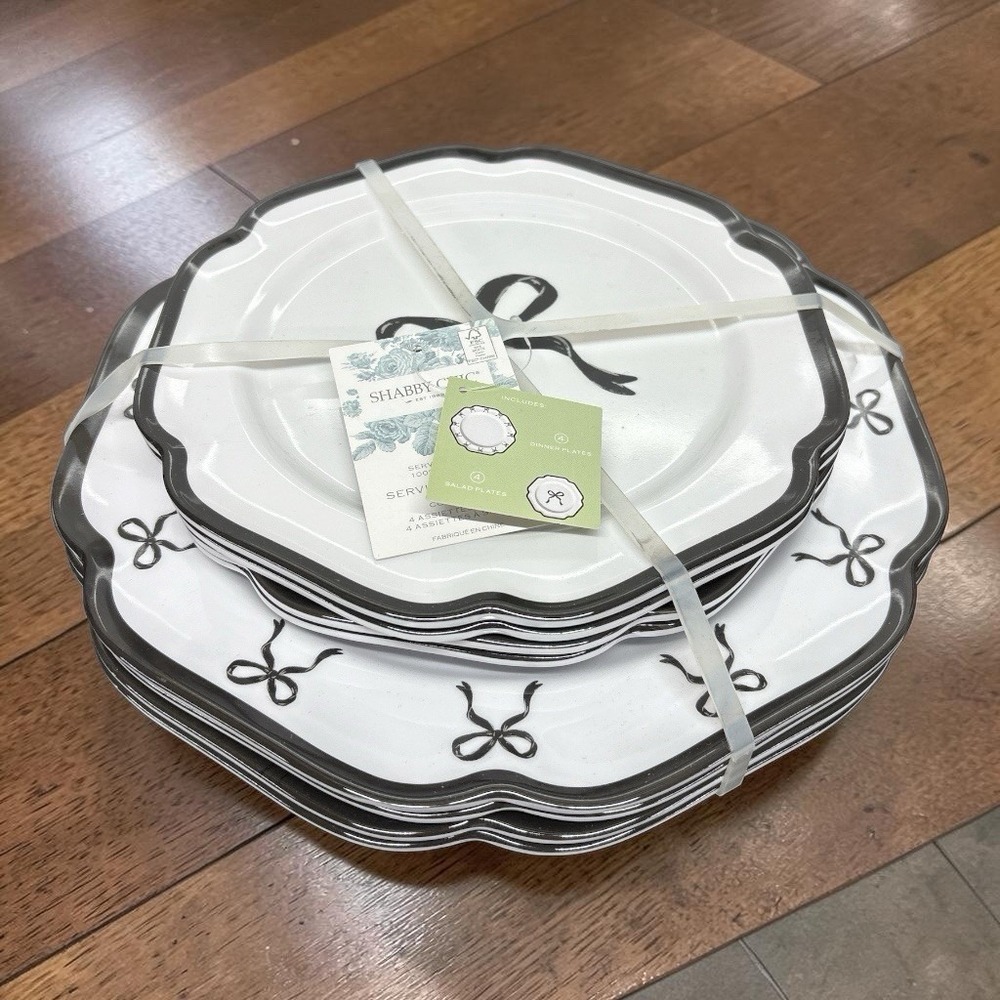 Shabby Chic Black Bow White Melamine Dinner & Salad Plates 8 Pc Cottage Coquette